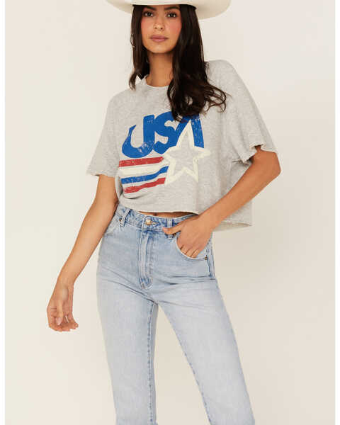 Image #1 - Show Me Your Mumu Women's USA Star Jimmy Cropped Tee, Heather Grey, hi-res