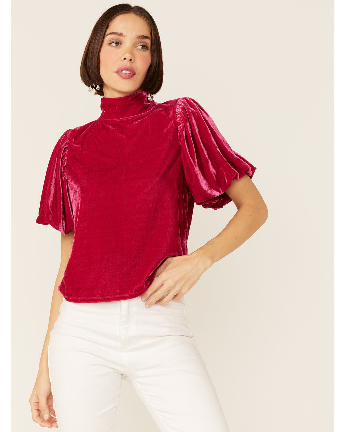 Image #1 - Free People Women's Velvet Knit Claudia Puff Short Sleeve Tee, Pink, hi-res