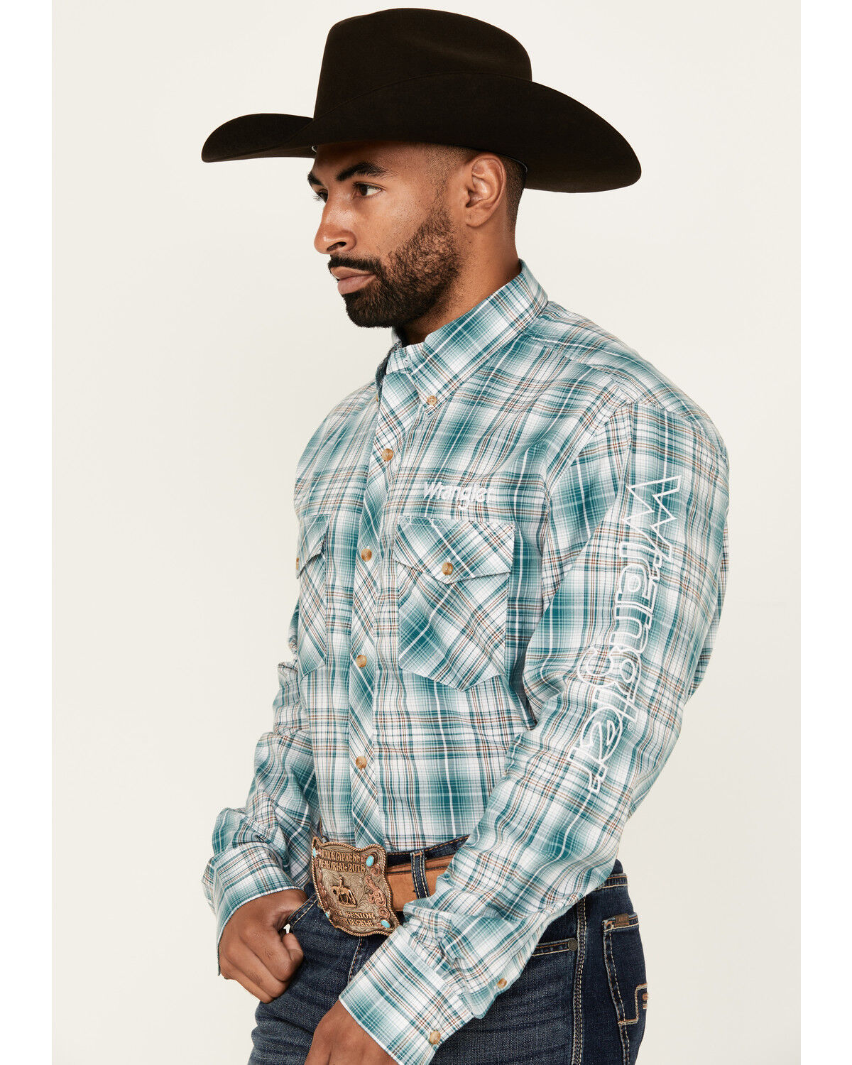 Image #2 - Wrangler Men's Plaid Print Logo Long Sleeve Button-Down Western Shirt, Green, hi-res