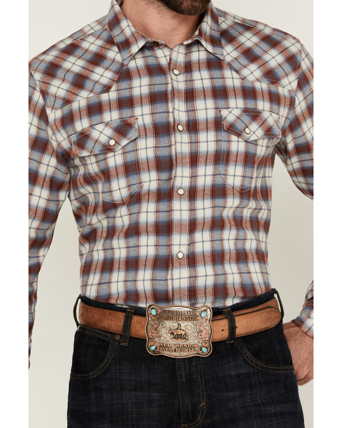 Image #3 - Blue Ranchwear Men's Forest Plaid Print Long Sleeve Snap Western Shirt, Red, hi-res