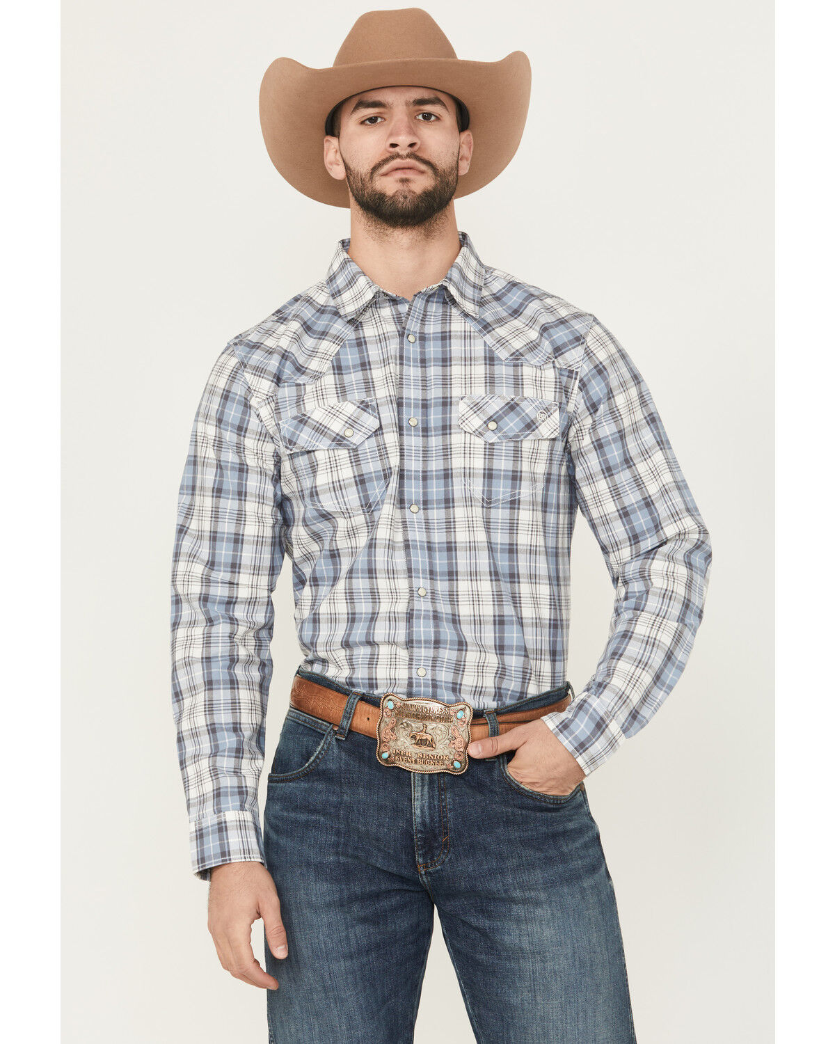 Image #1 - Blue Ranchwear Men's Meadow Plaid Print Long Sleeve Snap Western Shirt, Light Blue, hi-res