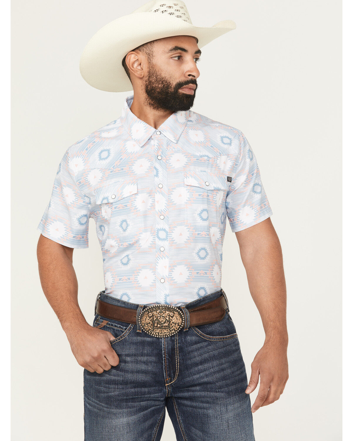 Image #1 - Rock & Roll Denim Men's Tek Southwestern Print Short Sleeve Snap Stretch Western Shirt, Light Blue, hi-res