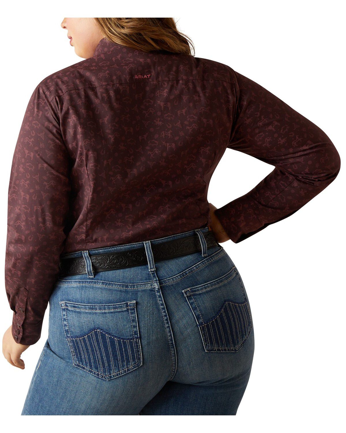 Image #2 - Ariat Women's Ancestry Print Team Kirby Long Sleeve Button-Down Western Shirt - Plus, Maroon, hi-res