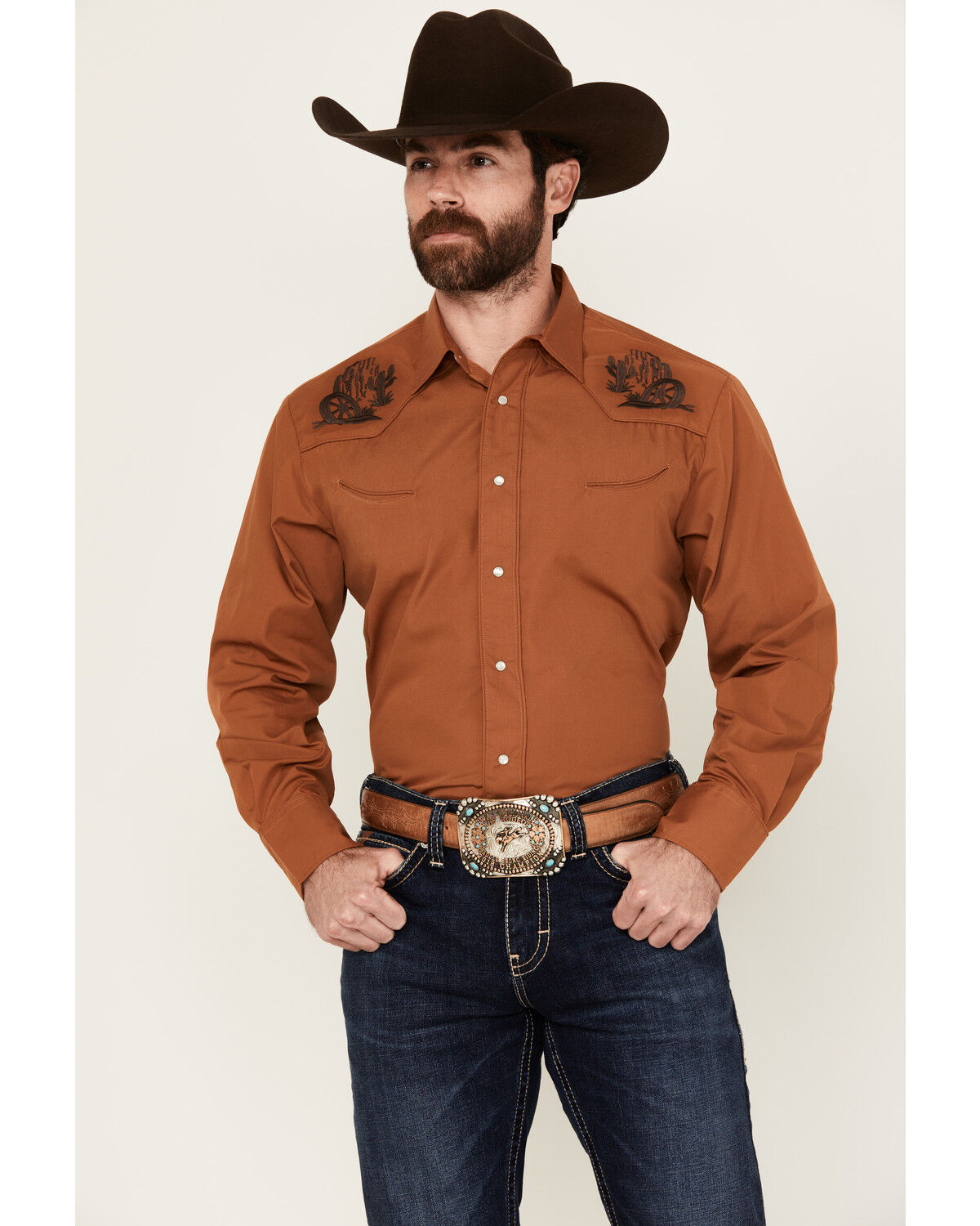 Image #1 - Roper Men's Embroidered Yoke Long Sleeve Snap Western Shirt, Rust, hi-res