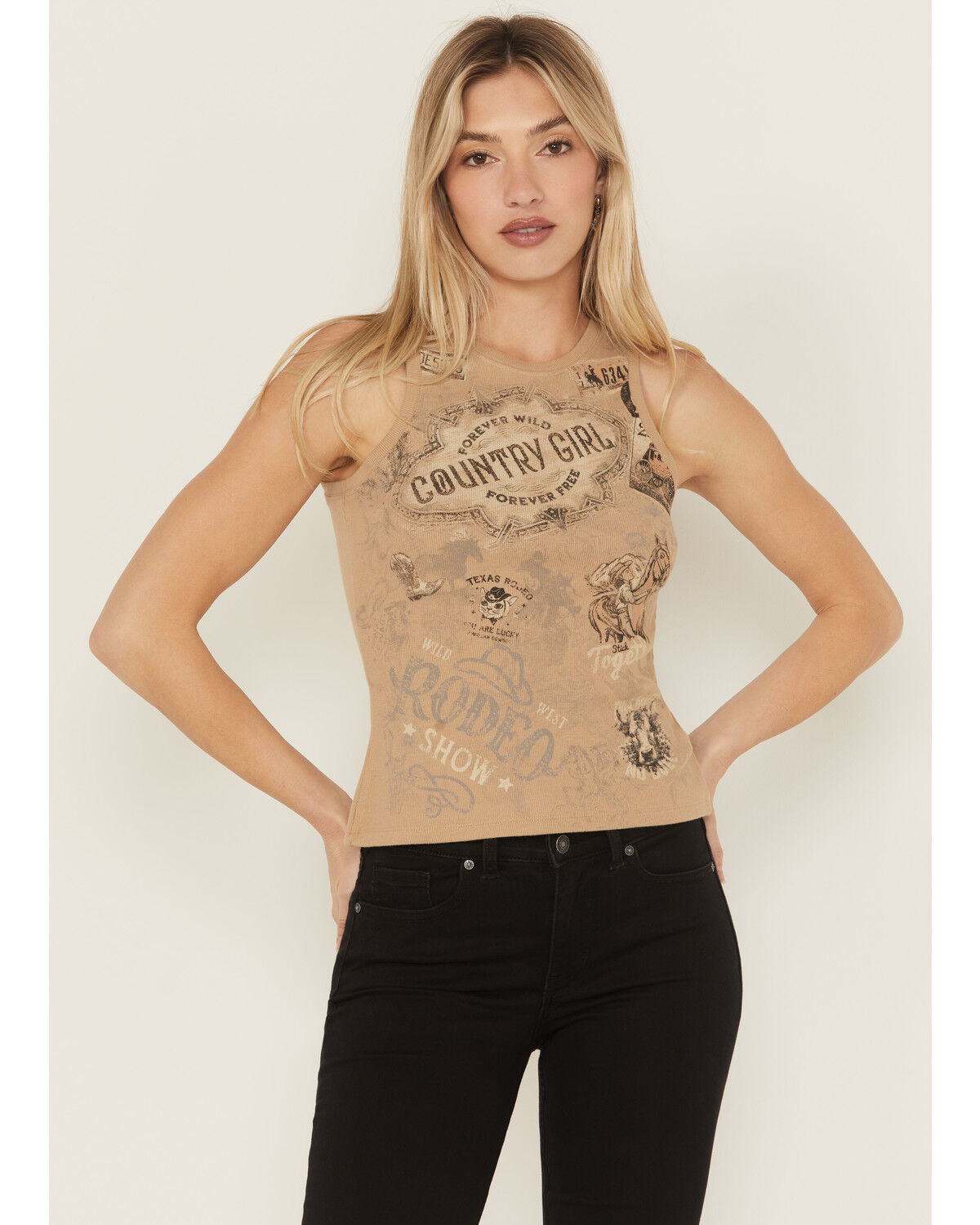 Image #1 - Shyanne Women's Rhinestone Icon Rib Knit Graphic Tank, Khaki, hi-res