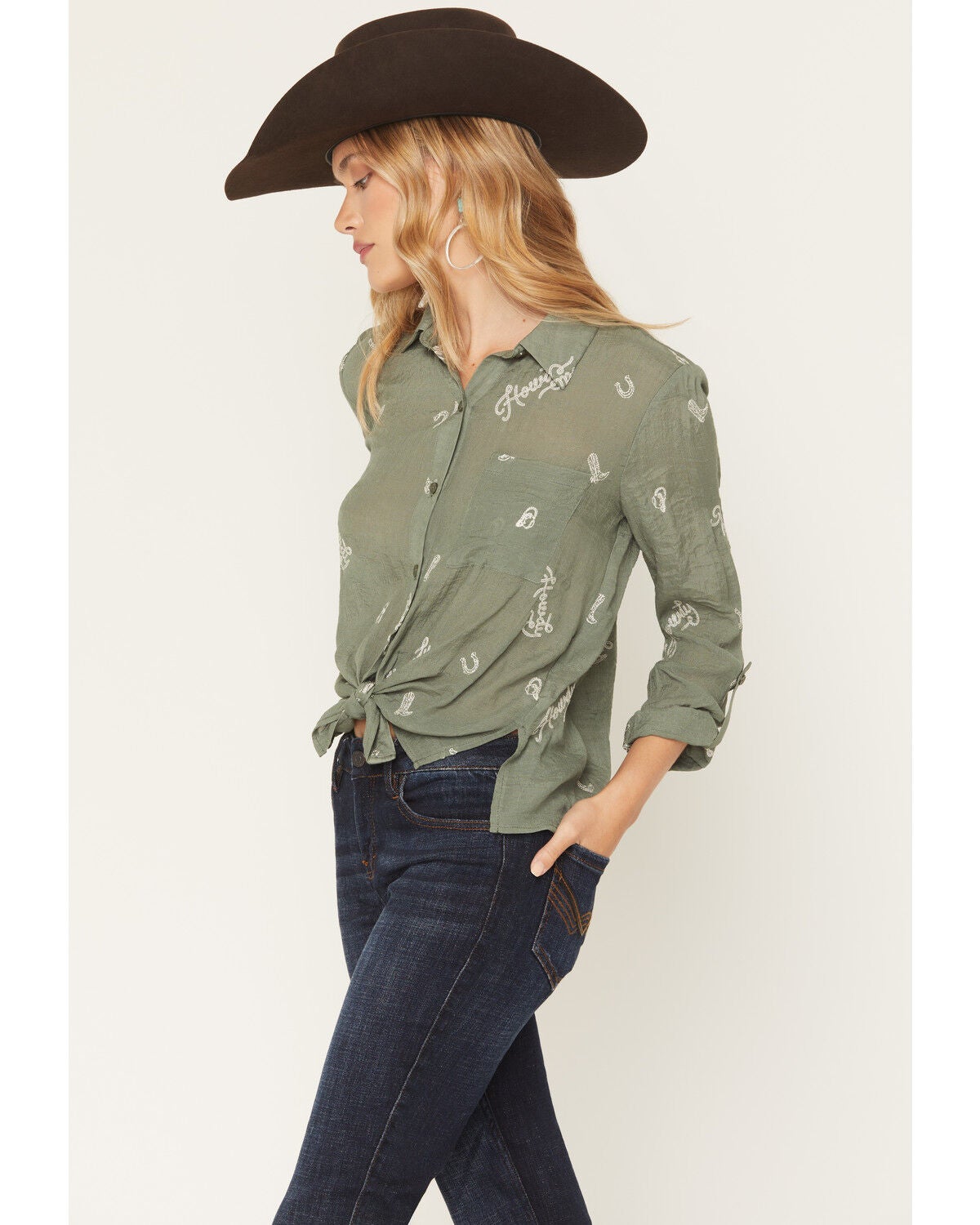 Image #2 - June & Hudson Women's Western Embroidered 3/4 Sleeve Button-Down Shirt, Olive, hi-res