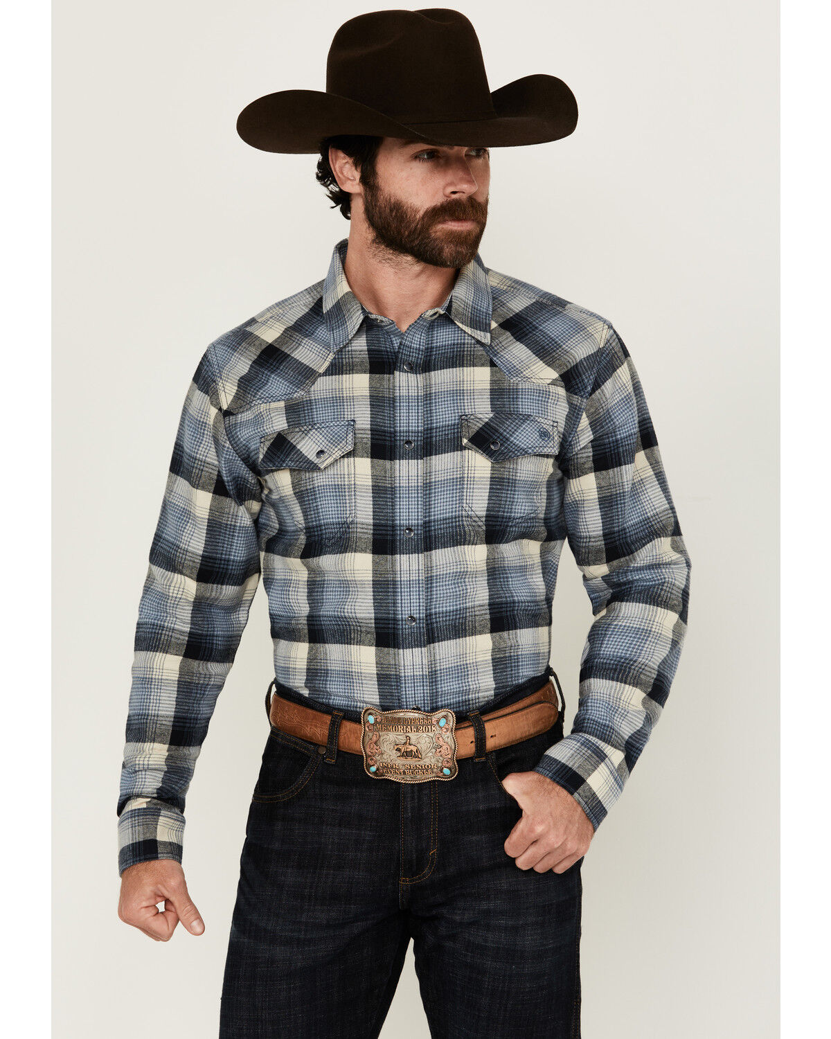 Image #1 - Blue Ranchwear Men's Finney Plaid Print Long Sleeve Snap Western Shirt, Indigo, hi-res