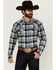 Image #1 - Blue Ranchwear Men's Finney Plaid Print Long Sleeve Snap Western Shirt, Indigo, hi-res