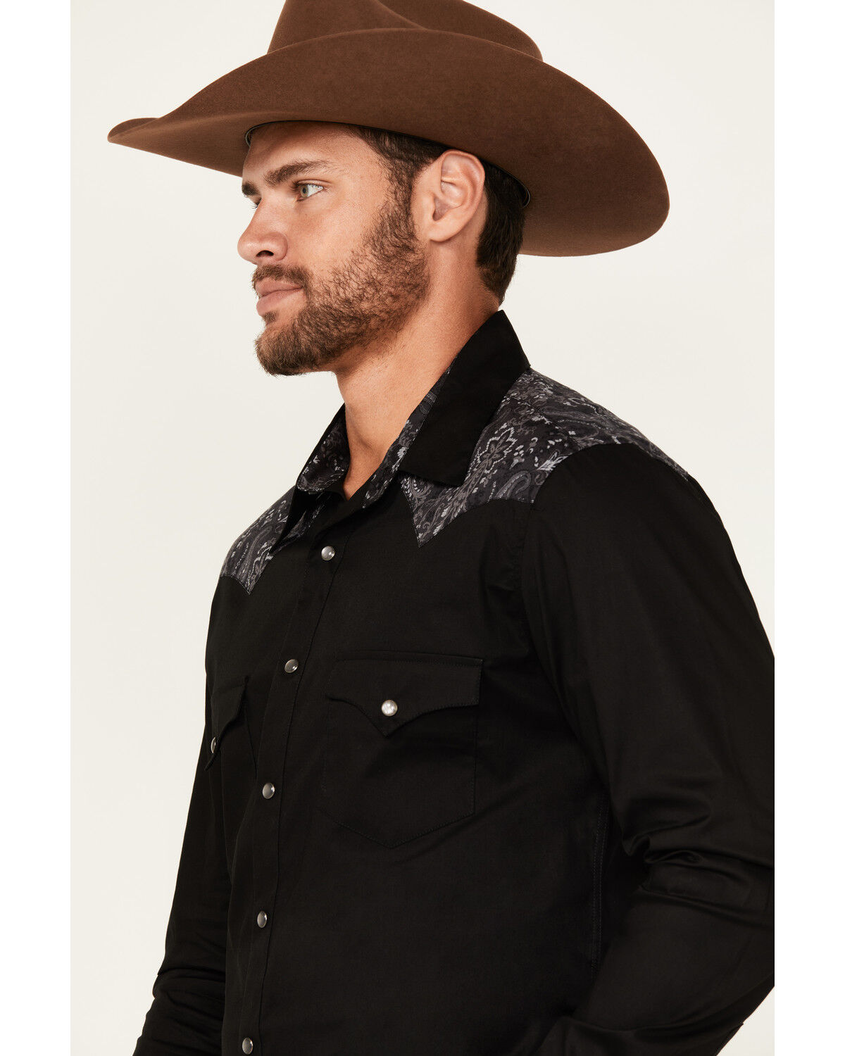 Image #2 - Rock & Roll Denim Men's Paisley Yoke Long Sleeve Pearl Snap Stretch Western Shirt, Black, hi-res