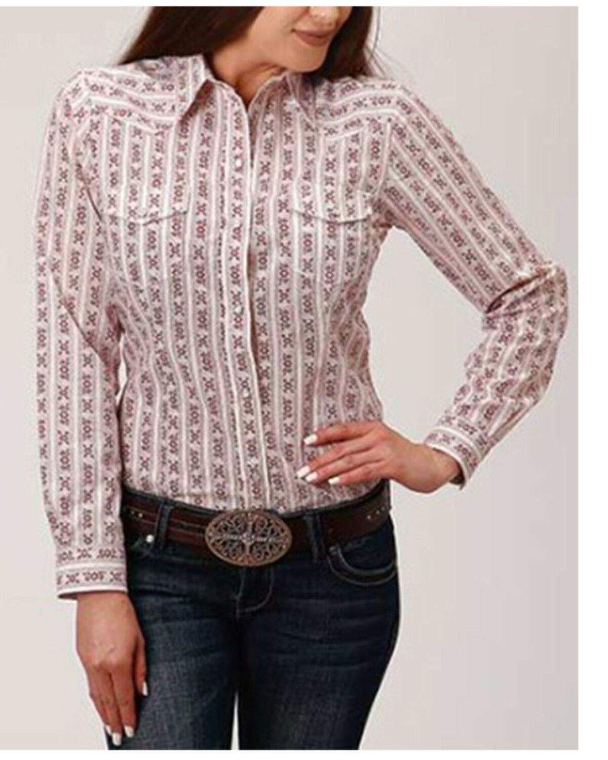 Image #1 - Roper Women's Floral Striped Long Sleeve Snap Western Shirt, Cream, hi-res