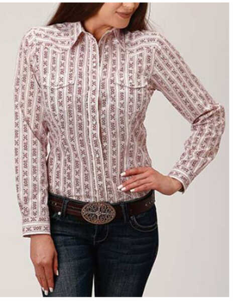 Roper Women's Floral Striped Long Sleeve Snap Western Shirt, Cream, hi-res