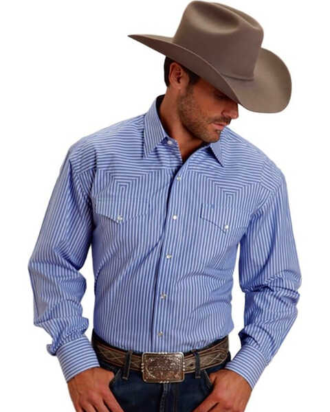 Image #1 - Stetson Men's Striped Long Sleeve Snap Western Shirt, Blue, hi-res