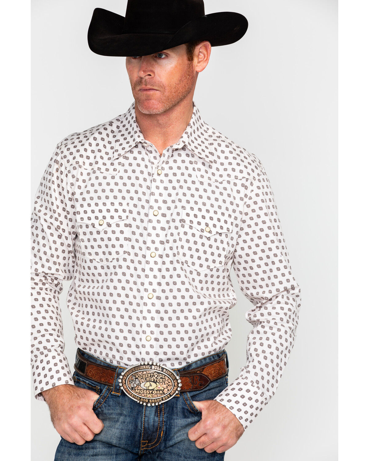Image #1 - Rock & Roll Denim Men's Crinkle Washed Poplin Print Long Sleeve Western Shirt, Cream, hi-res