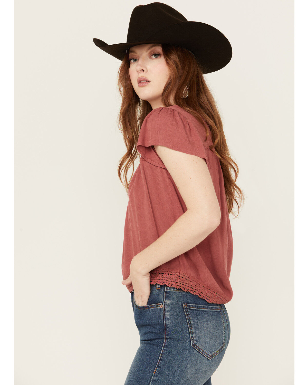 Image #2 - Jolt Women's Lace Trim Flutter Short Sleeve Top, , hi-res