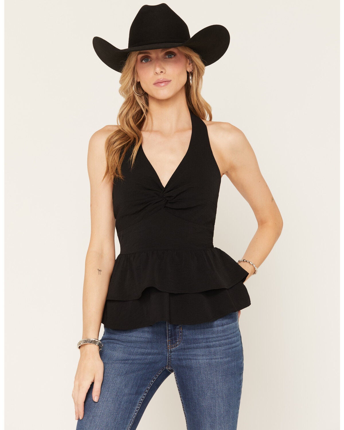 Originality Women's Halter Twist Front Tiered Ruffle Top, Black, hi-res