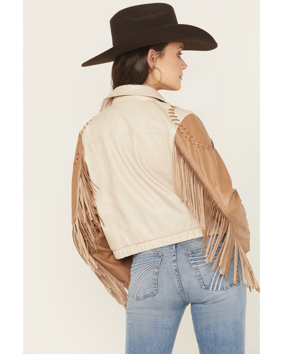 Image #4 - Blue B Women's Fringe Whip Stitch Faux Leather Moto Jacket, Taupe, hi-res
