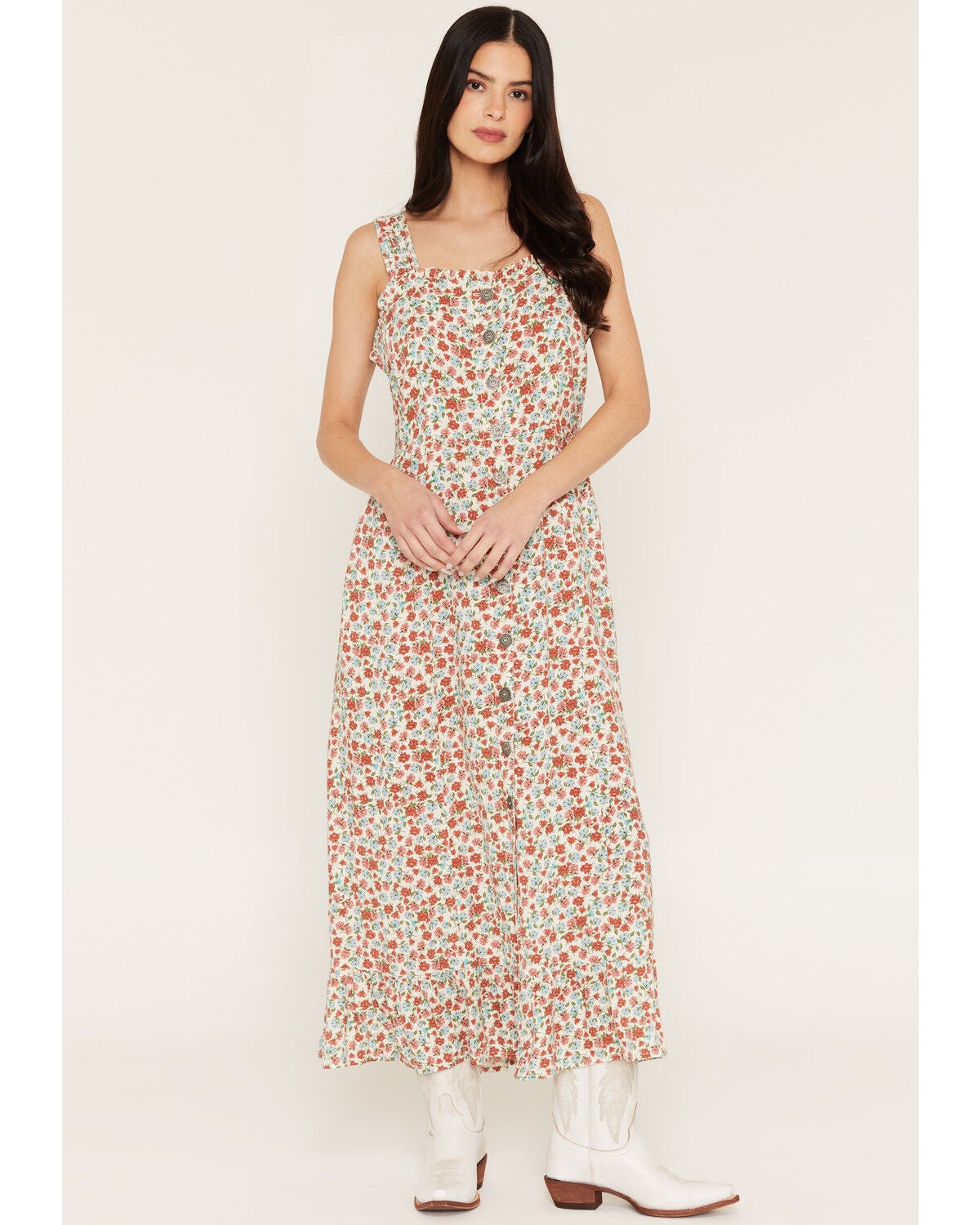 Cotton & Rye Women's Boot Barn Exclusive Ditsy Daisy Floral Print Sleeveless Button-Down Midi Dress, Cream, hi-res