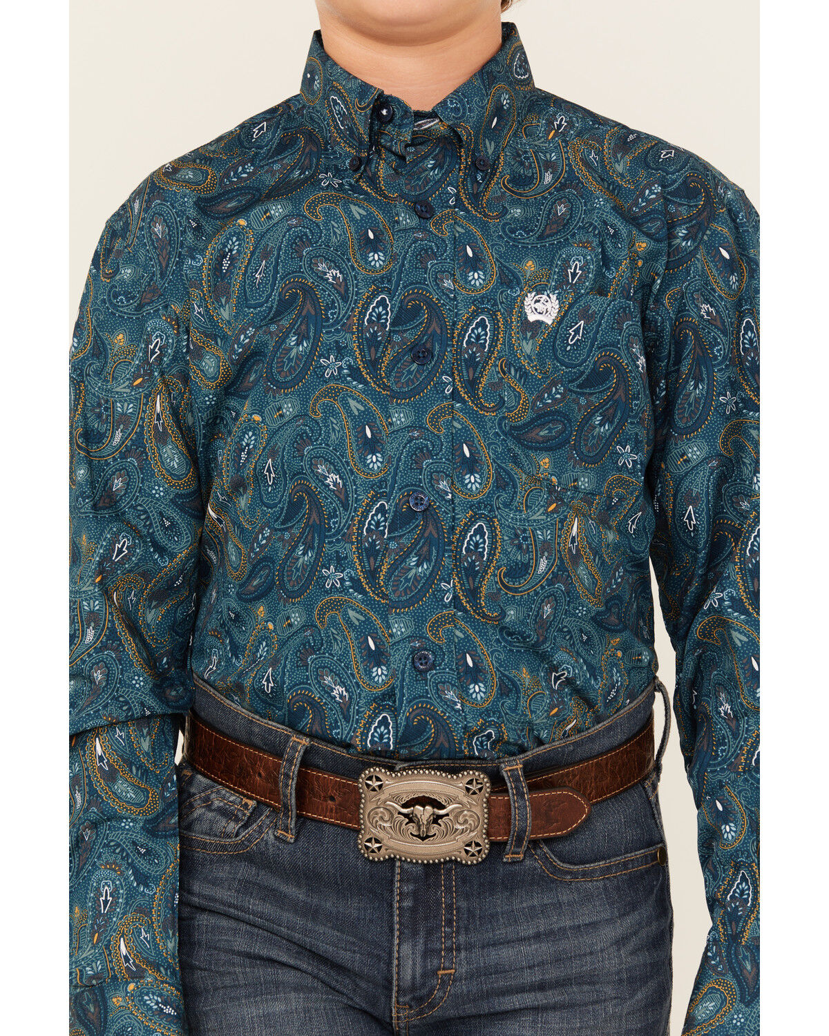 Image #3 - Cinch Boys' Paisley Print Long Sleeve Button-Down Western Shirt, Blue, hi-res