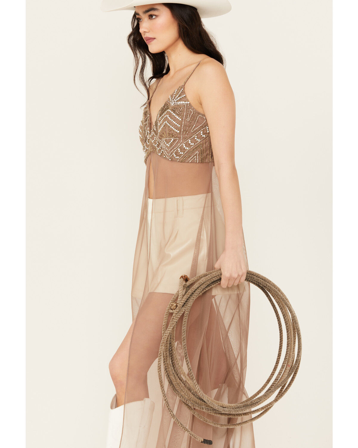 Image #2 - Wonderwest Women's Mountain Trail Embellished Mesh Maxi Cami, Brown, hi-res