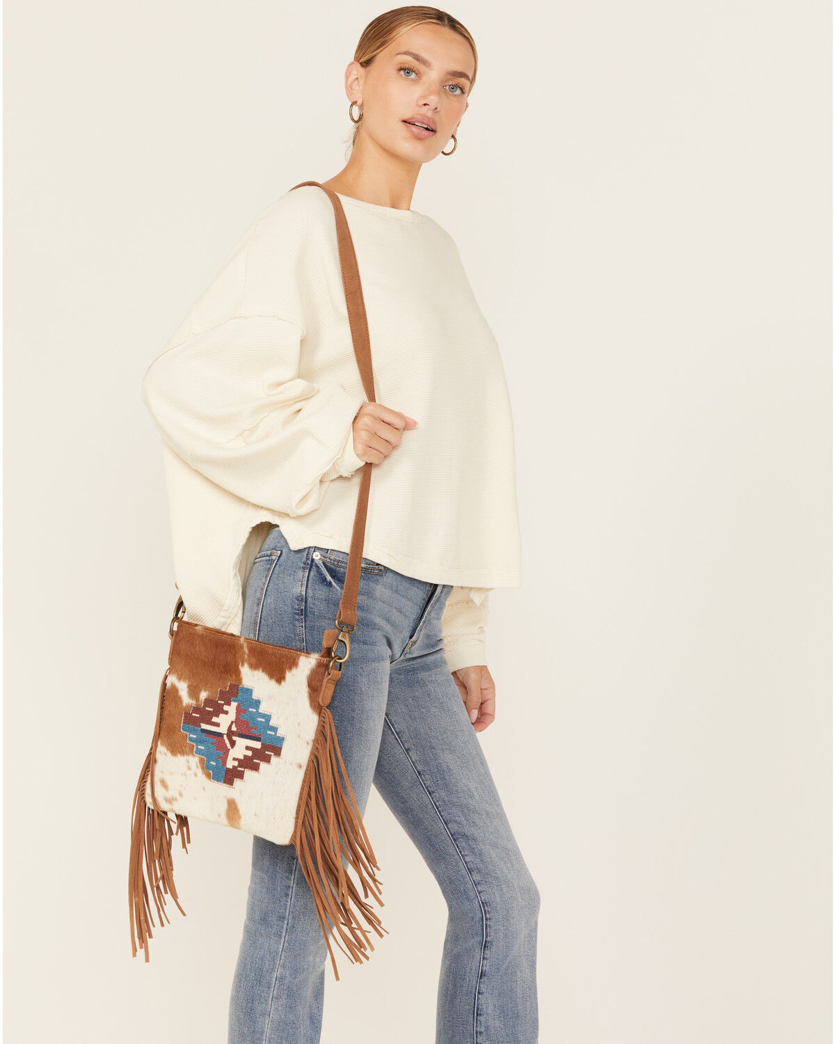 Image #1 - Shyanne Women's Summer Moon Hairon Southwestern Seed Bead Crossbody Bag, Brown, hi-res