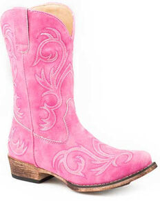 Roper Girls' Pink All Over Embroidery Western Boots - Square Toe, Pink, hi-res