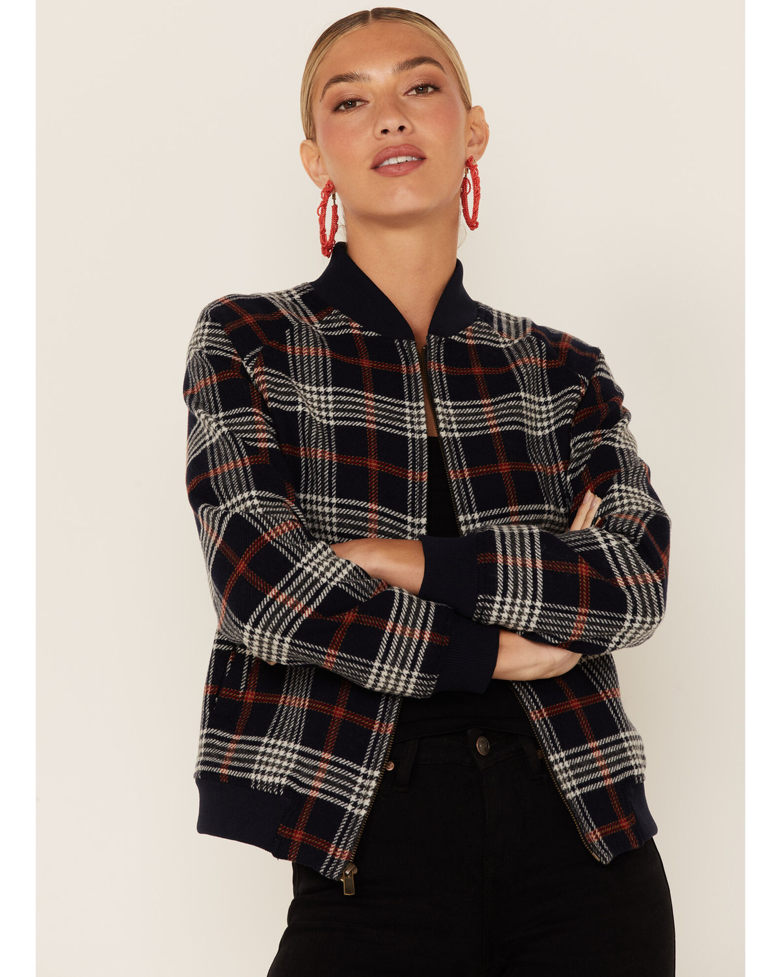 Pendleton Women s Navy Red Plaid Wool Bomber Jacket