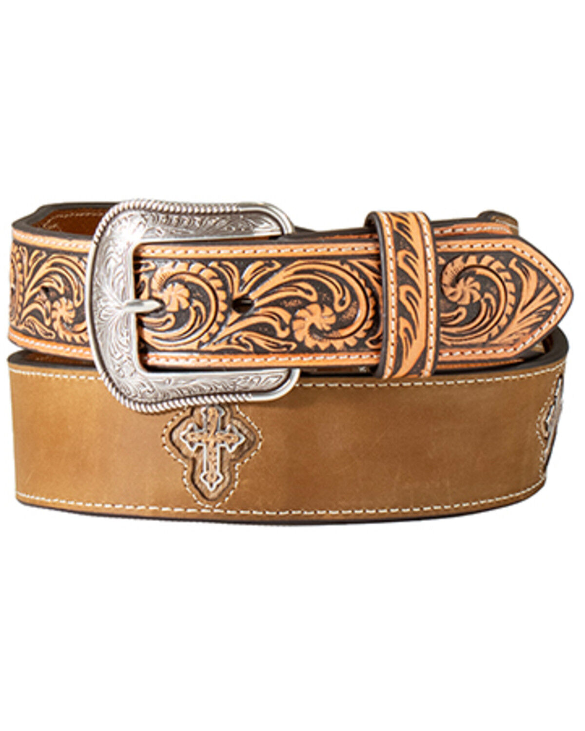 Image #1 - M & F Western Men's Tooled Cross Leather Belt, Brown, hi-res