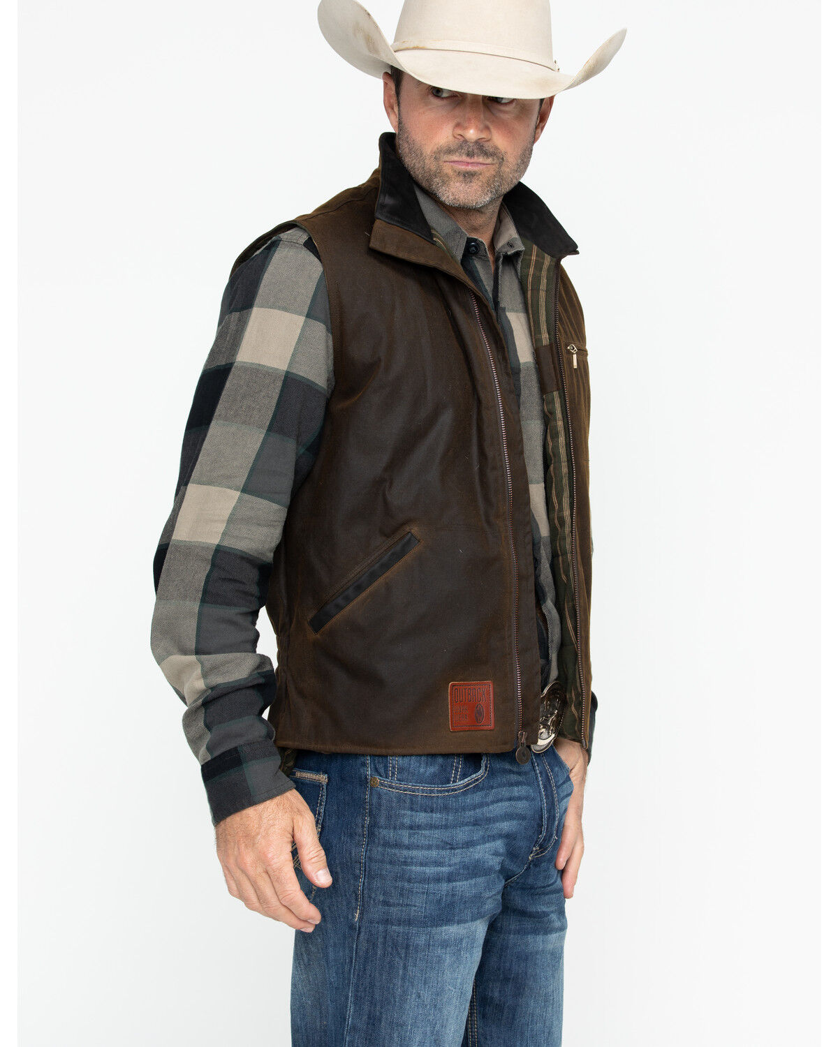 Image #4 - Outback Trading Co Men's Sawbuck Flannel Lined Oilskin Zip-Front Vest, Sage, hi-res