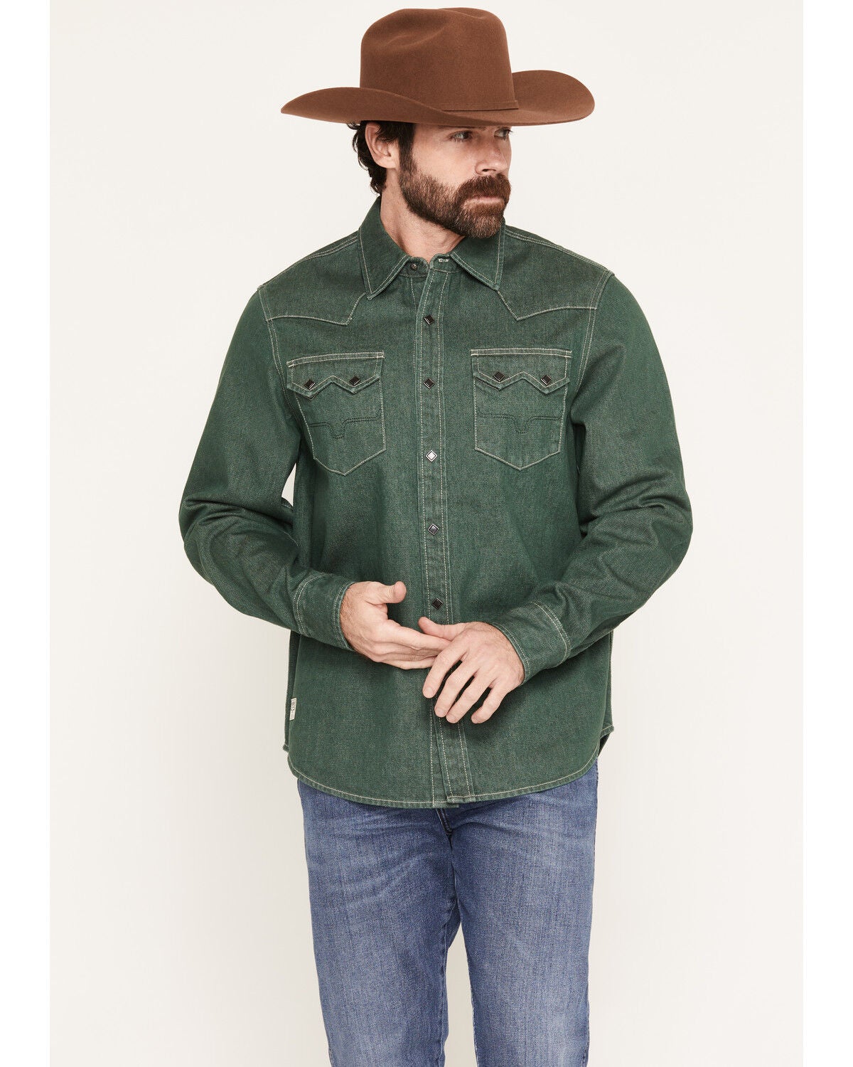 Image #1 - Kimes Ranch Men's Roscoe Denim Long Sleeve Snap Western Shirt, Green, hi-res