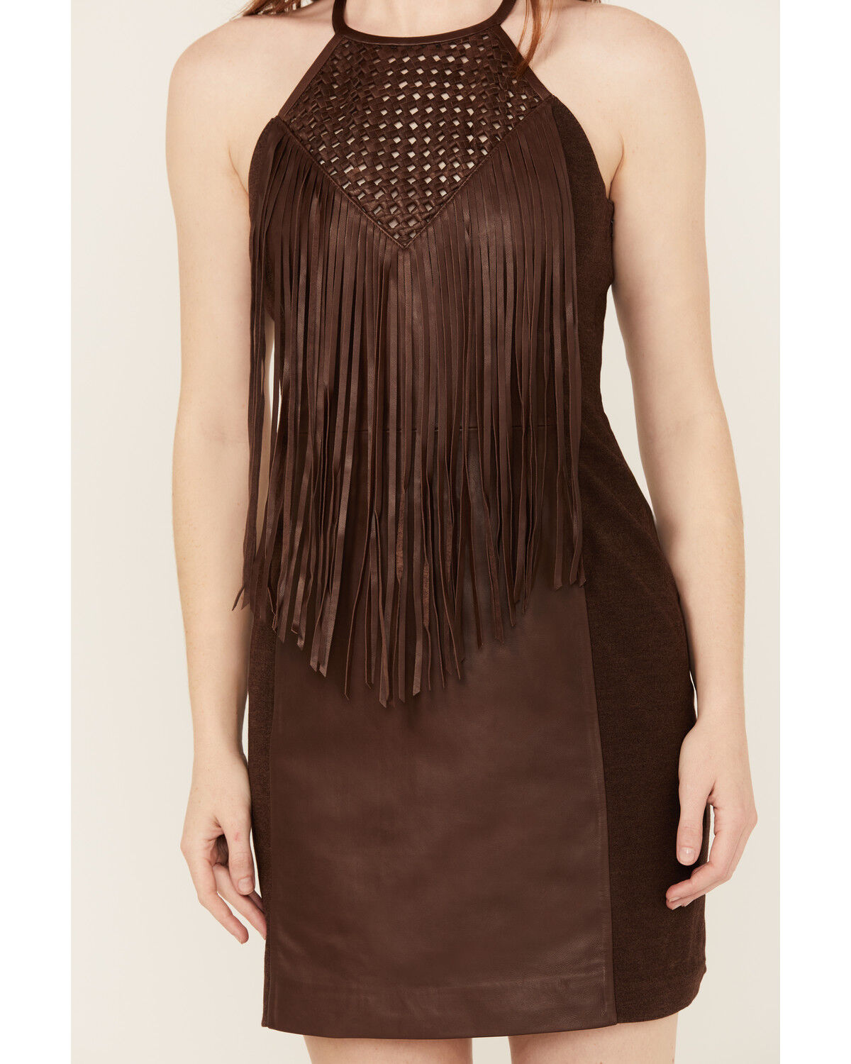 Image #3 - Wonderwest Women's Rain Drum Knotted Leather Slip Mini Dress, Brown, hi-res
