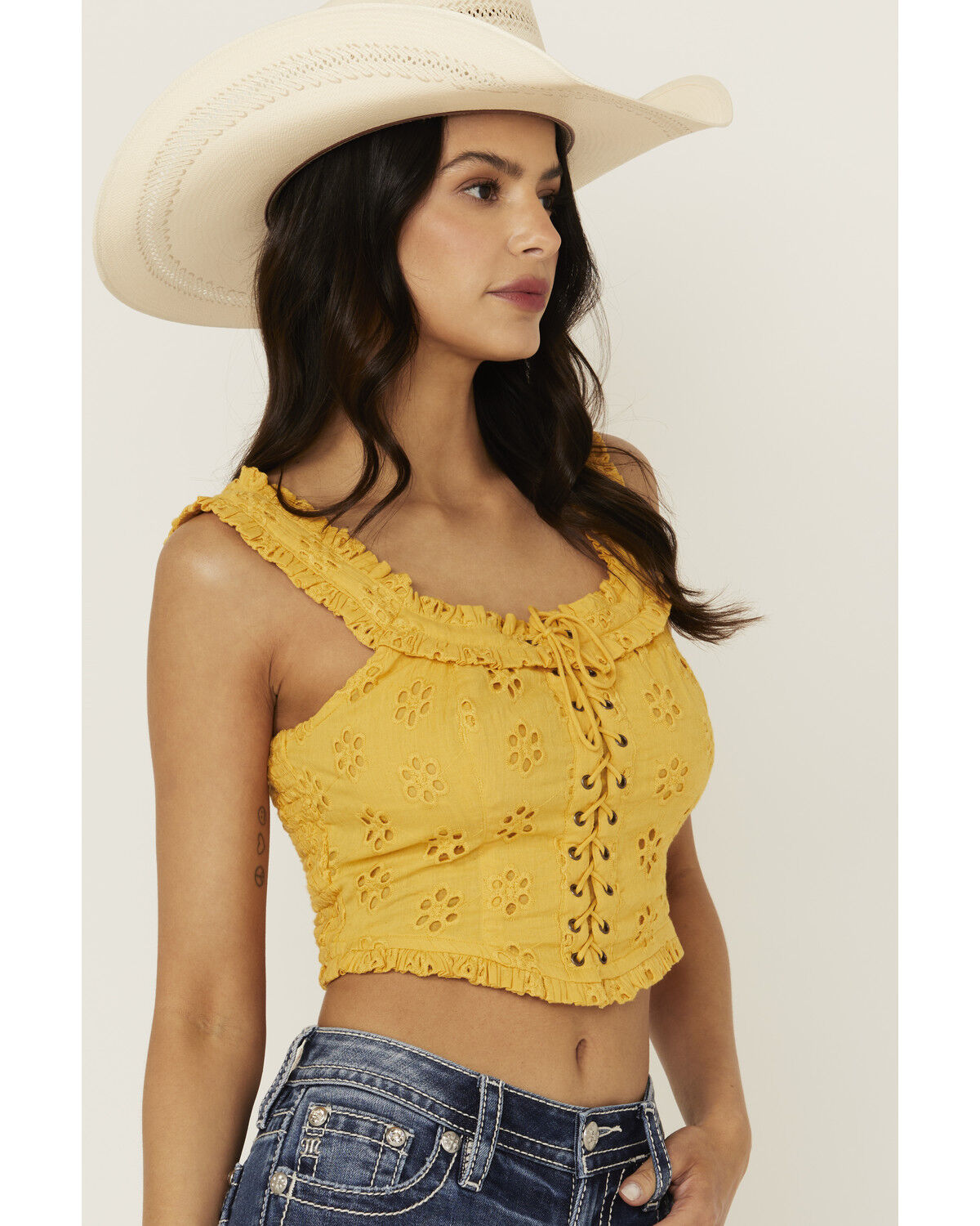 Image #2 - Rock & Roll Denim Women's Eyelet Corset Tank Top, Yellow, hi-res