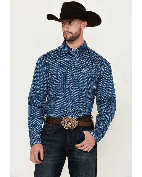 Cowboy Hardware Men's Fleur de Cowboy Print Long Sleeve Pearl Snap Western Shirt , Navy, hi-res