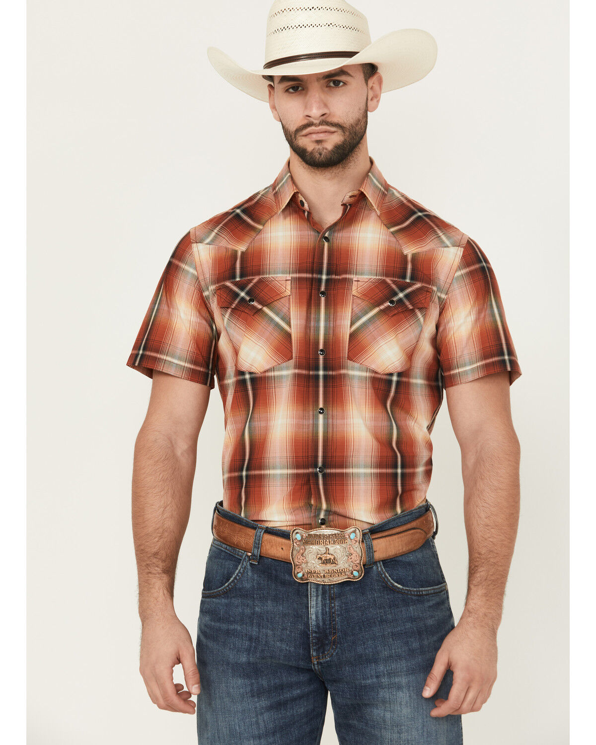 Image #1 - Pendleton Men's Frontier Plaid Print Short Sleeve Snap Stretch Western Shirt, Brick Red, hi-res