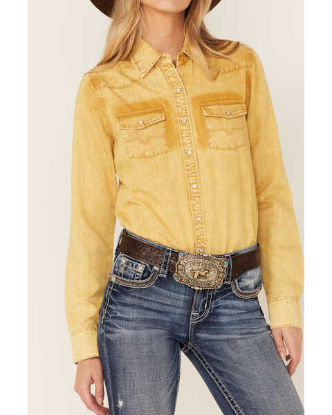 Image #2 - Kimes Ranch Women's Kaycee Denim Long Sleeve Pearl Snap Western Core Shirt , Camel, hi-res