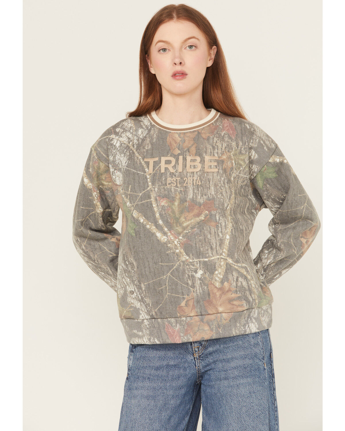 Image #1 - Tribe Kelley Women's Camo Print Varsity Crewneck, Green, hi-res