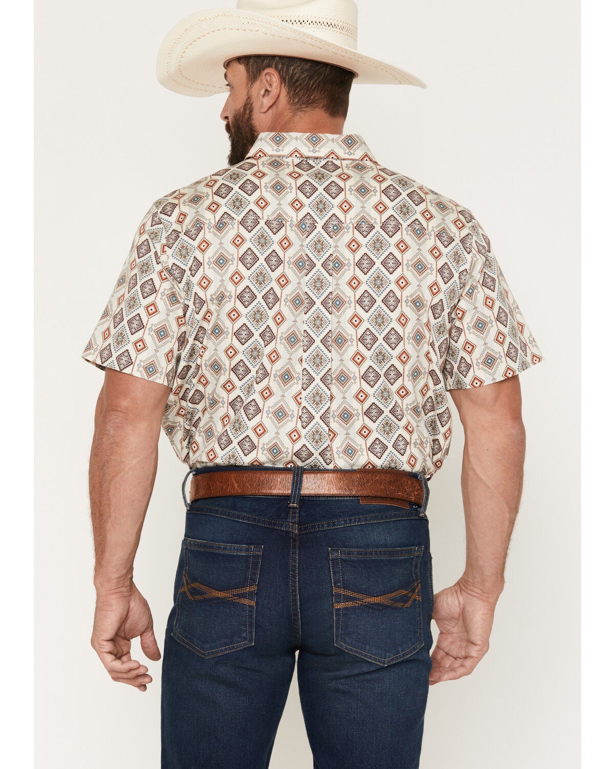 Image #4 - RANK 45&reg; Men's Amarillo Geo Print Short Sleeve Button-Down Stretch Western Shirt, Cream, hi-res
