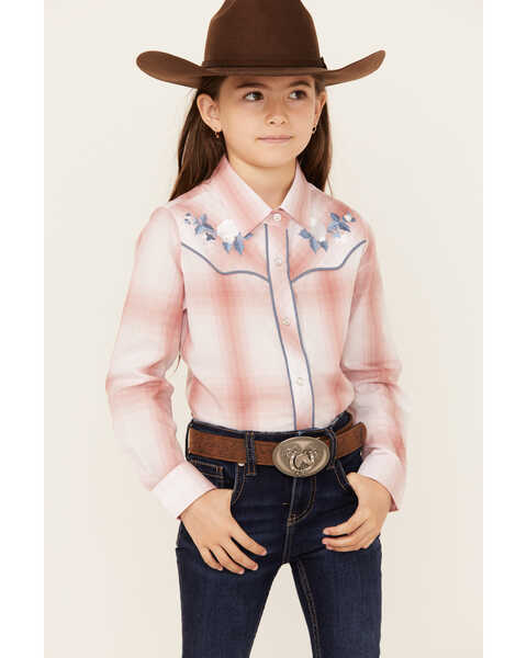 Ely Walker Girls' Rose Embroidered Plaid Print Long Sleeve Pearl Snap Western Shirt , Rose, hi-res