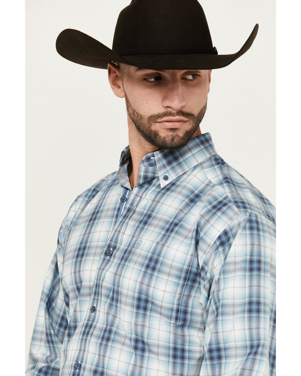 Image #2 - Ariat Men's Emiliano Plaid Print Long Sleeve Button-Down Performance Western Shirt, Blue, hi-res