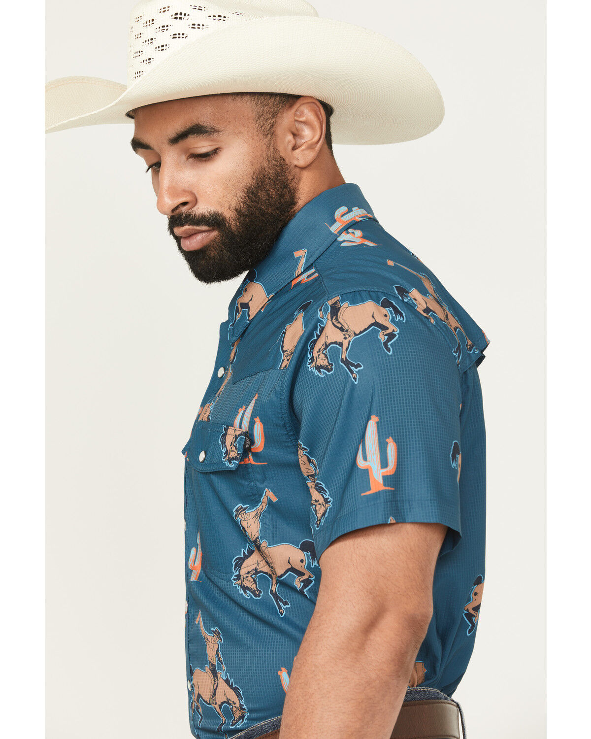 Image #2 - Rock & Roll Denim Men's Tek Bronco Print Short Sleeve Pearl Snap Western Shirt, Dark Teal, hi-res