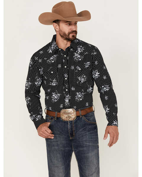 Rock & Roll Denim Men's Vintage 46 Floral Stripe Long Sleeve Snap Western Shirt , Black, hi-res