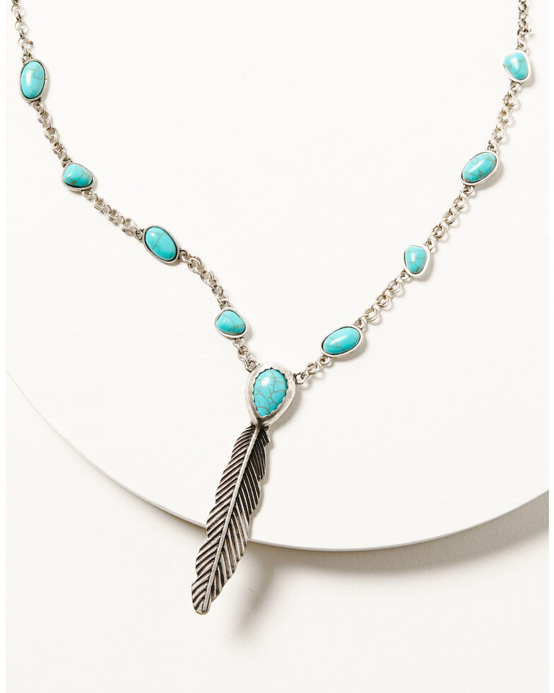 Shyanne Women's Silver & Turquoise Stone Feather Pendant Necklace, Silver, hi-res