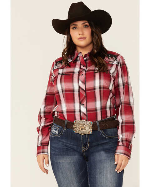 Image #1 - Roper Women's Plaid Print Bull Embroidered Yoke Long Sleeve Snap Western Core Shirt - Plus, Red, hi-res