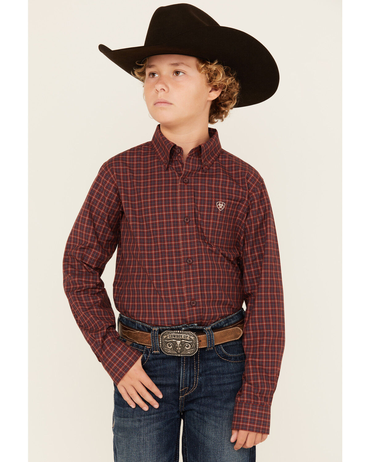 Image #1 - Ariat Boys' Pro Series Plaid Print Long Sleeve Button-Down Western Shirt, Burgundy, hi-res