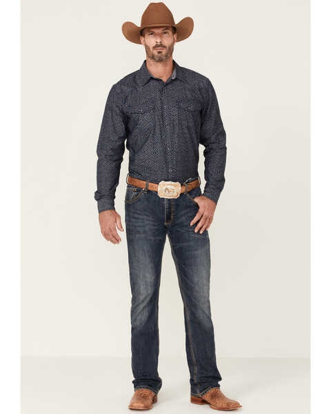 Image #2 - Cody James Men's Washed Out Chambray Southwestern Print Long Sleeve Snap Western Shirt , Navy, hi-res