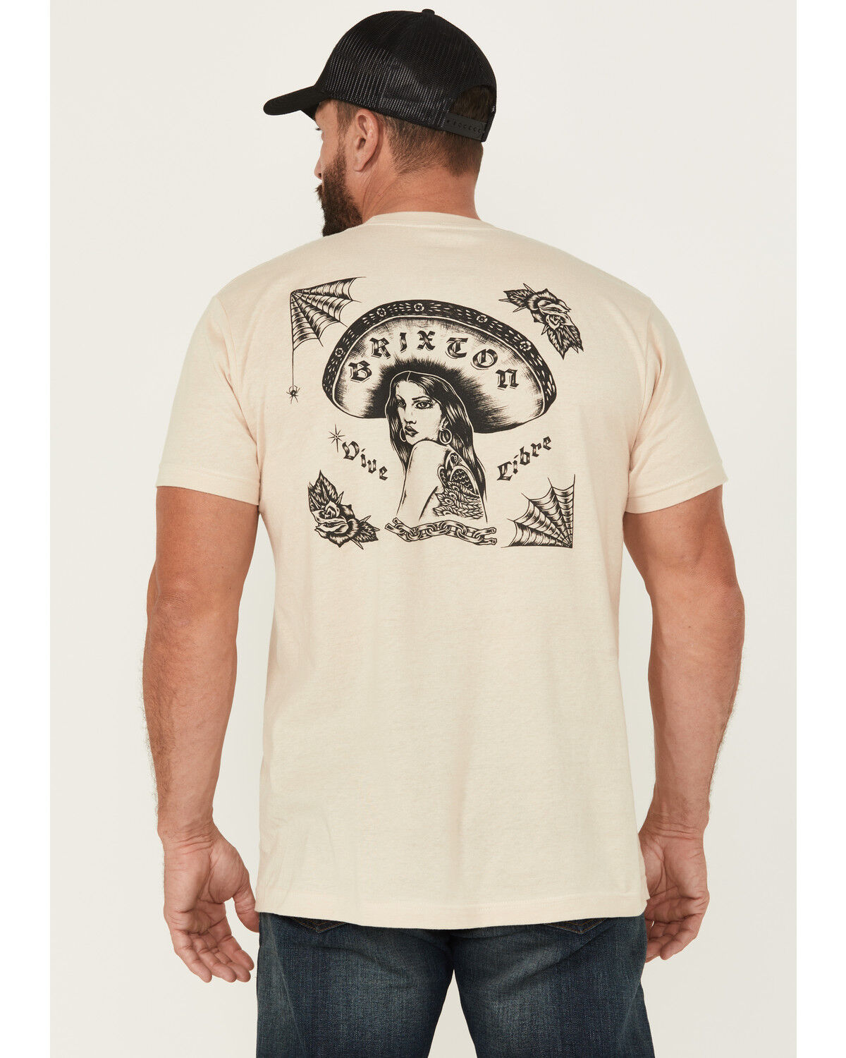 Image #1 - Brixton Men's Boot Barn Exclusive Vive Libre Mariachi Girl Short Sleeve Graphic T-Shirt, Sand, hi-res