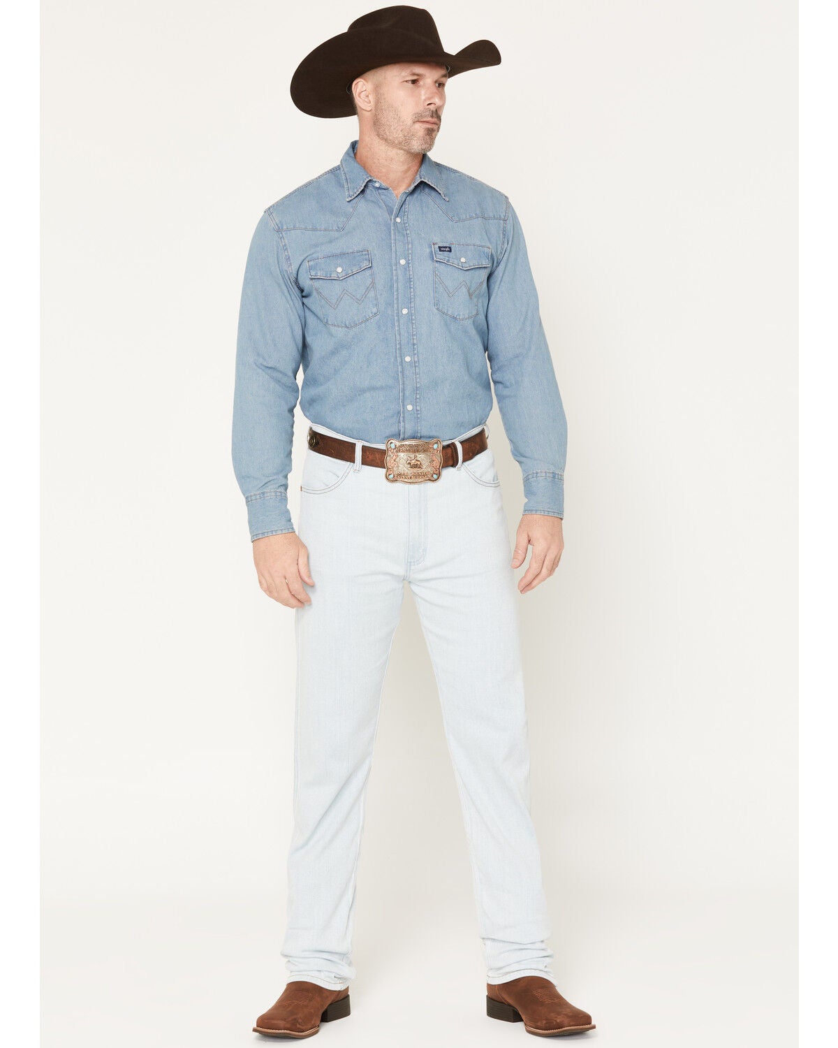 Image #1 - Wrangler Men's 13MWZ Toughlite Light Wash Cowboy Cut Straight Stretch Denim Jeans, Light Wash, hi-res
