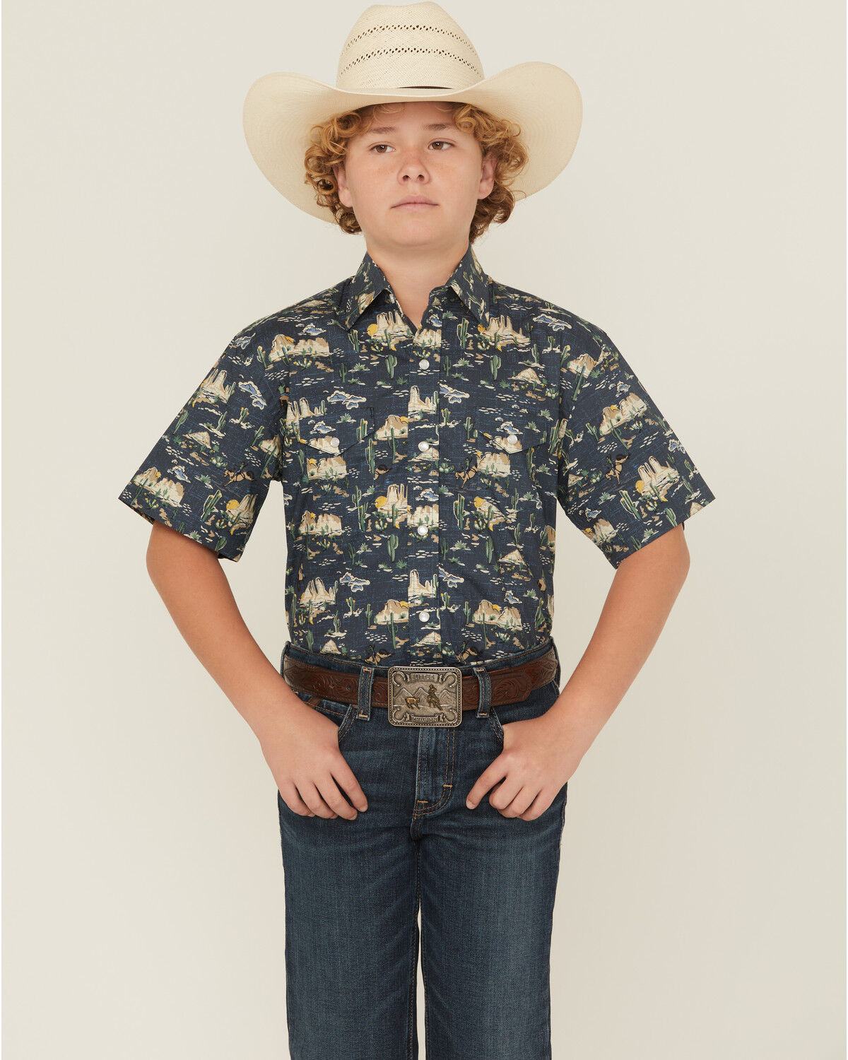 Image #1 - Panhandle Slim Boys' Desert Print Short Sleeve Snap Western Shirt, Navy, hi-res