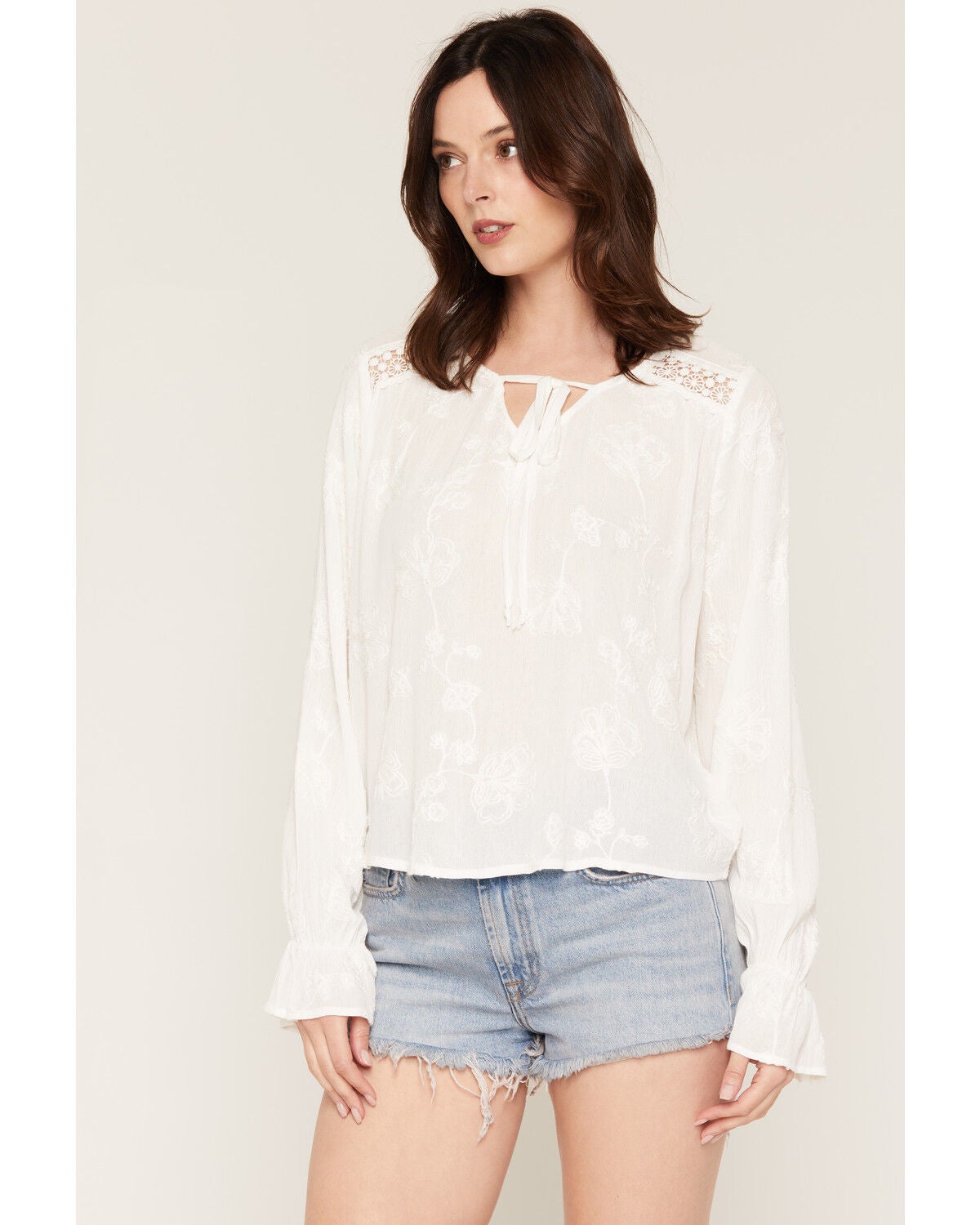Image #1 - Wild Moss Women's Tonal Embroidered Long Sleeve Peasant Top, Ivory, hi-res