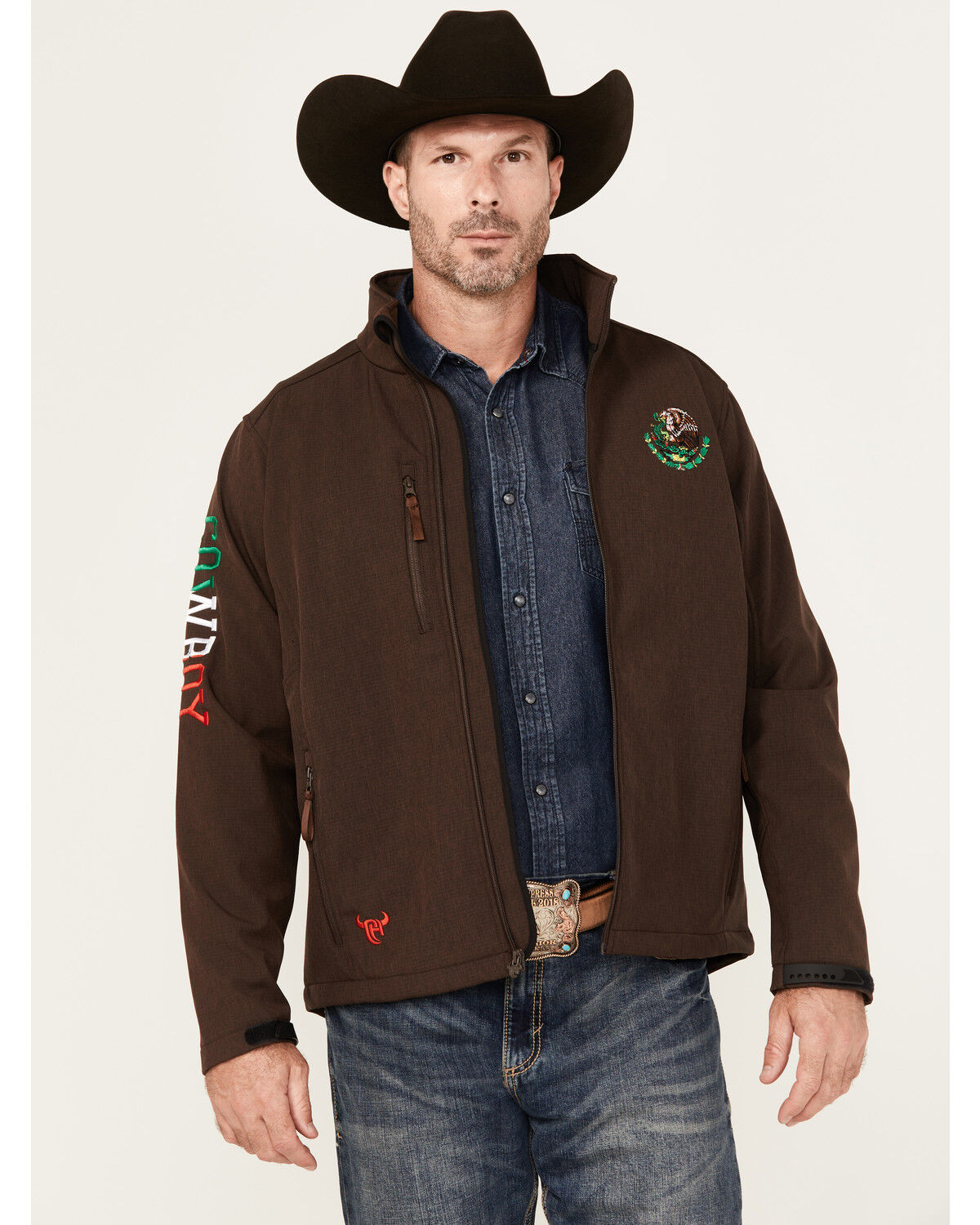 Image #1 - Cowboy Hardware Men's Mexico Flag Bull Softshell Zip Jacket, Chocolate, hi-res