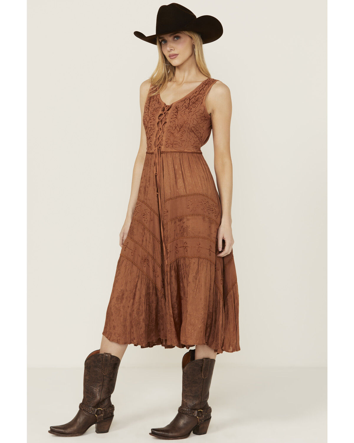 Image #1 - Scully Women's Lace-Up Jacquard Midi Dress, Copper, hi-res